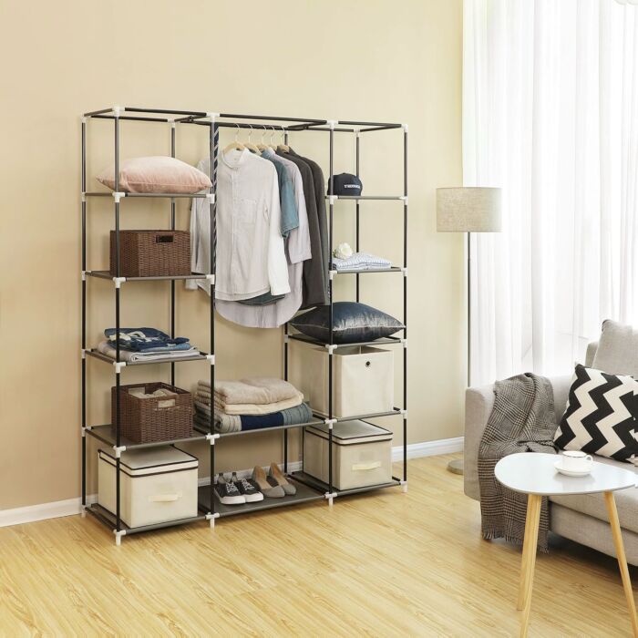 Songmics Stoffschrank, mit 12 Tablaren und Kleiderstange