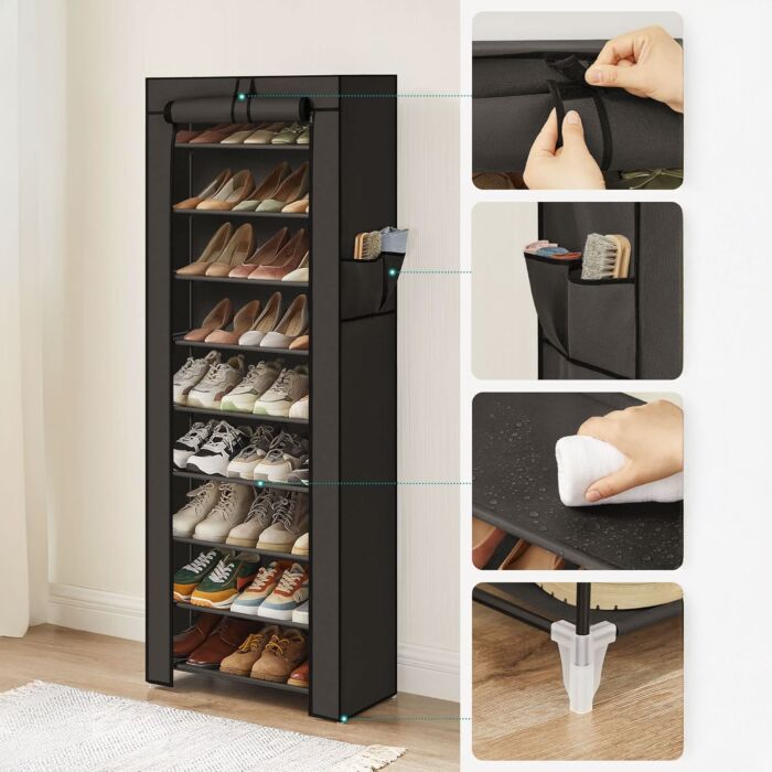 Songmics Stoffschuhschrank 9 Ebenen, mit Seitentaschen und Vliesabdeckung