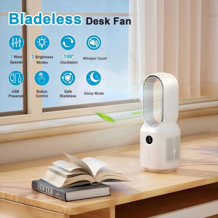 Ventilateur de table sans fil avec veilleuse, 4000 mAh, oscillant, blanc