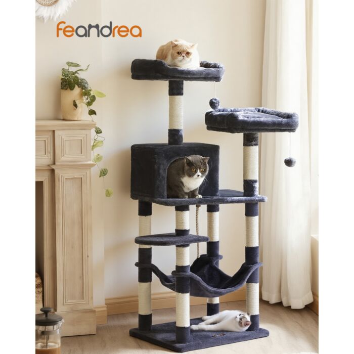 Arbre à chat FEANDREA, arbre à griffer et à grimper à plusieurs niveaux, gris
