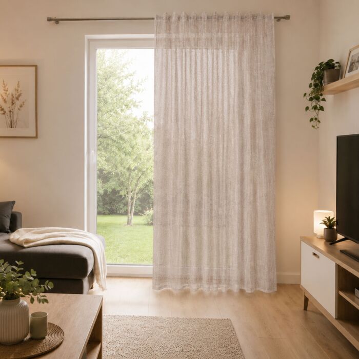 Rideau prêt à poser avec ruban, semi-transparent, aspect lin, isolant thermique, 140x245 cm