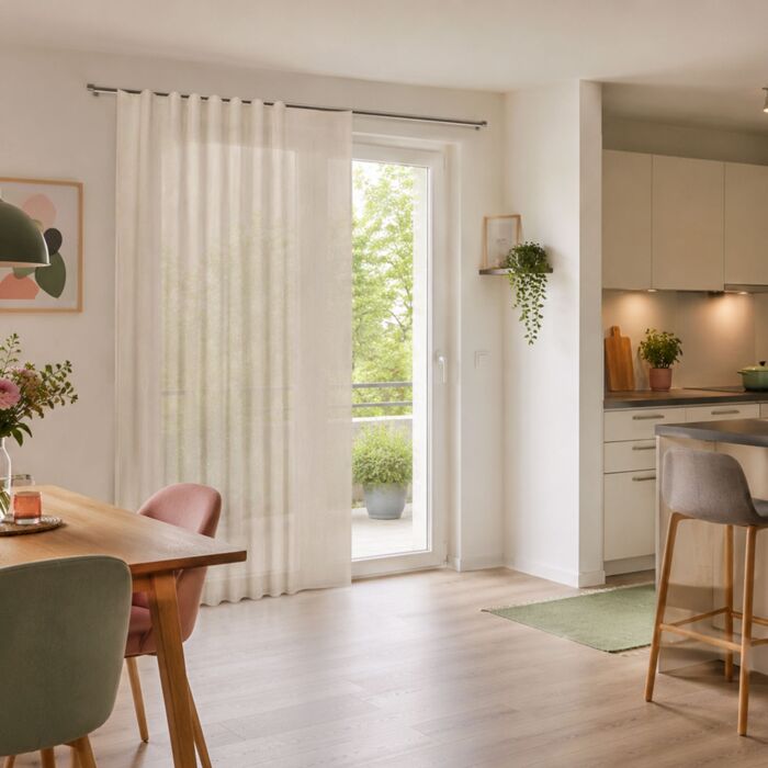 Rideau prêt à poser, transparent, avec glisseurs à clic cousus et plis plats
