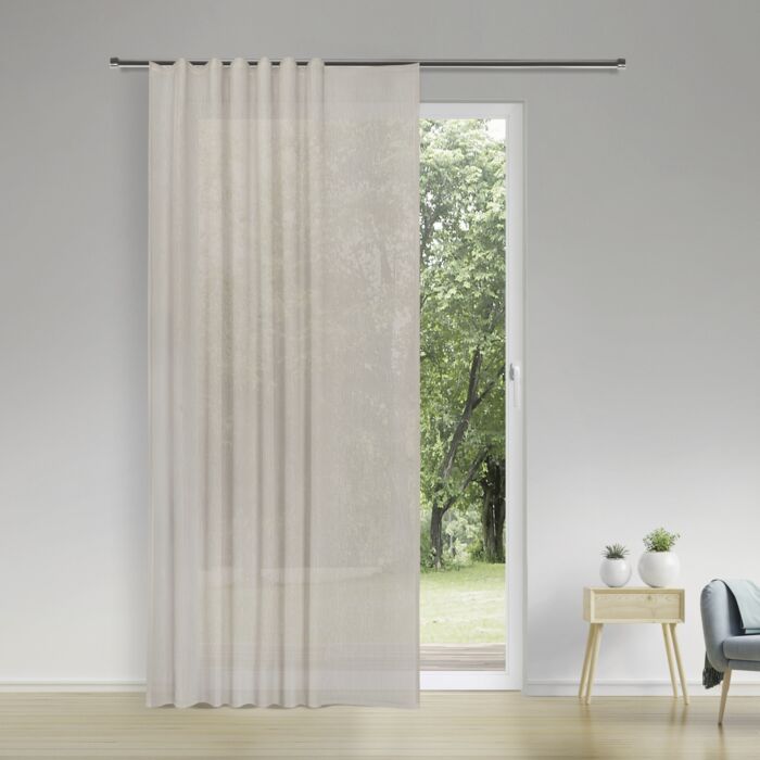 Rideau prêt à poser, transparent, avec glisseurs à clic cousus et plis plats