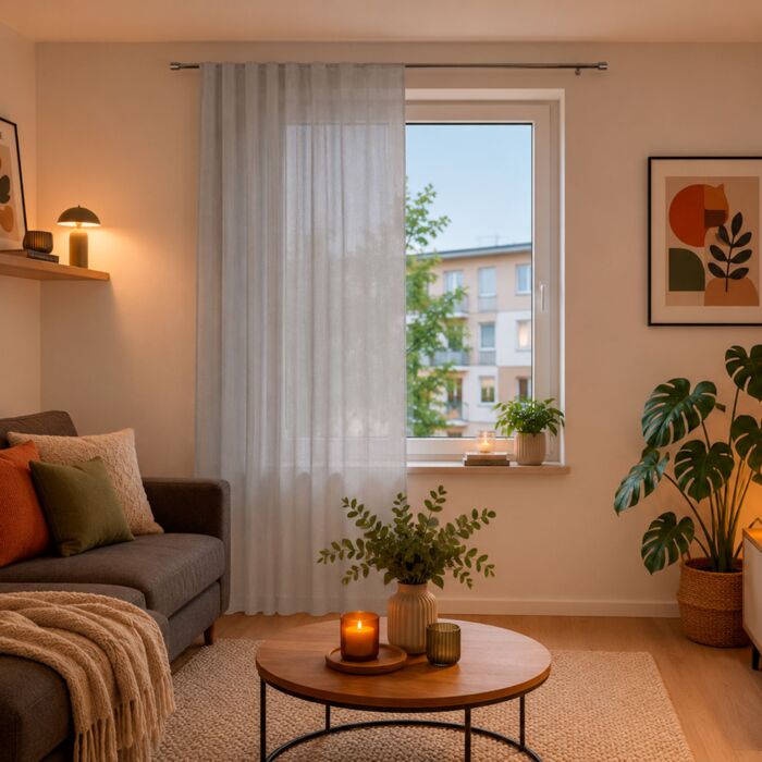 Rideau prêt à poser, transparent, avec glisseurs à clic cousus et plis plats