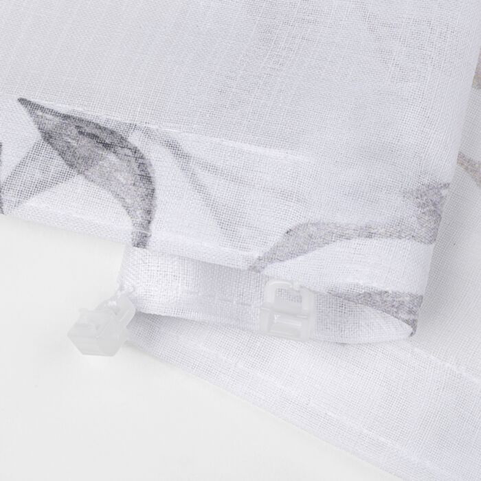 Fertigvorhang mit Blätter-Print, Flachfalte, transparent mit angenähten Clickgleiter