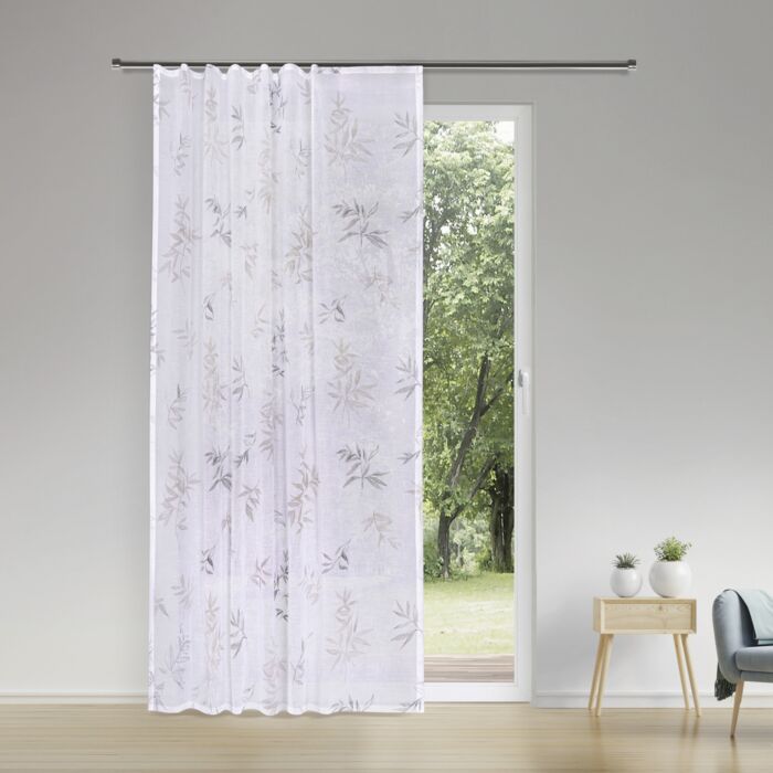 Fertigvorhang mit Blätter-Print, Flachfalte, transparent mit angenähten Clickgleiter