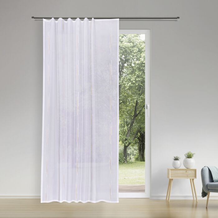 Rideau prêt à poser avec broderie, plis plats et glisseurs à clic cousus, semi-transparent