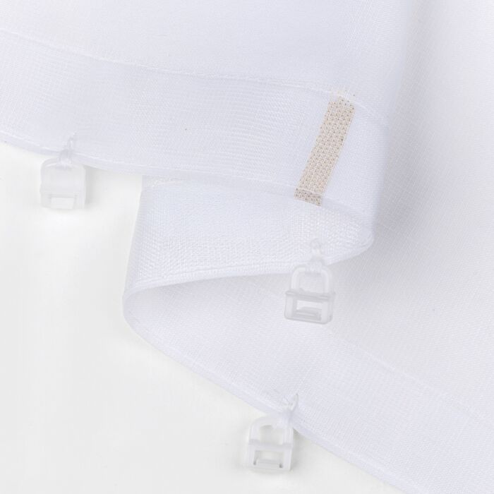 Rideau prêt à poser avec broderie, plis plats et glisseurs à clic cousus, semi-transparent