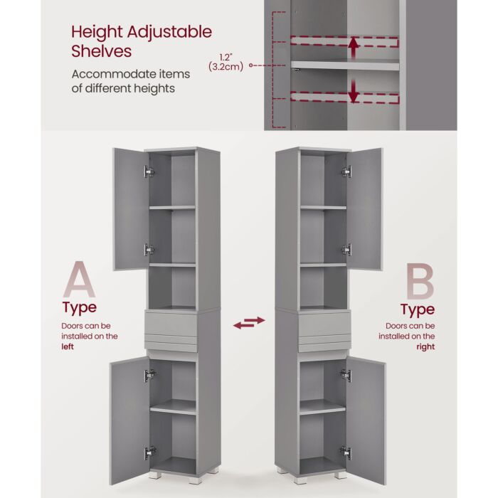 Armoire de salle de bain VASAGLE, armoire haute avec tiroir et étagères réglables