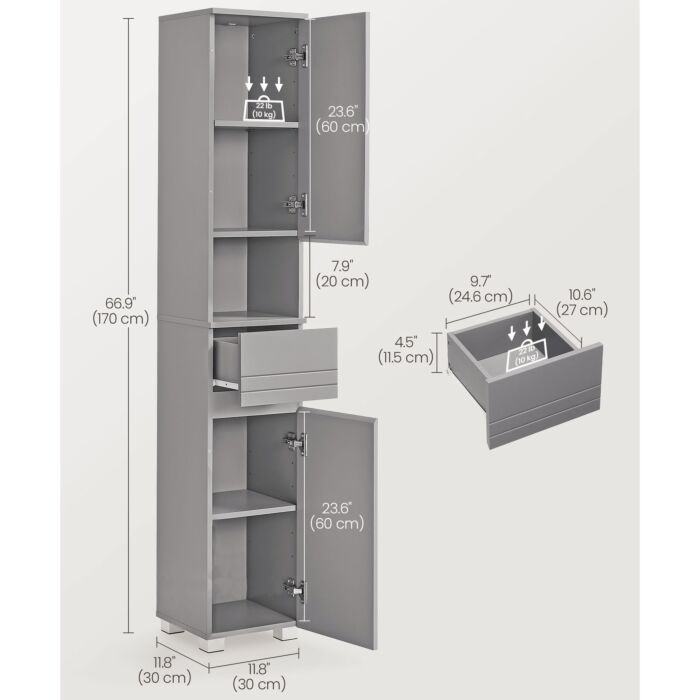 Armoire de salle de bain VASAGLE, armoire haute avec tiroir et étagères réglables