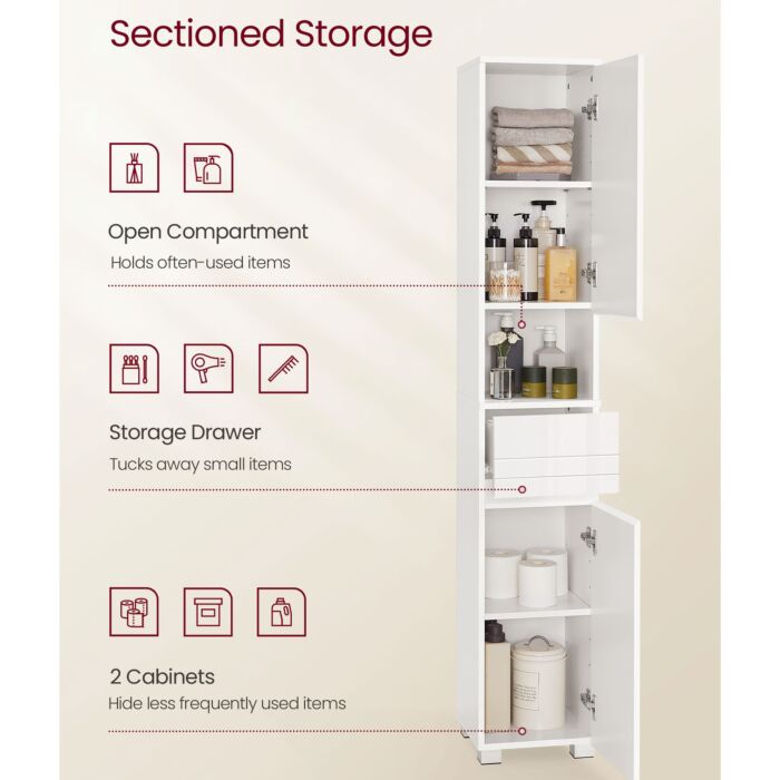 Armoire de salle de bain VASAGLE, armoire haute avec tiroir et étagères réglables