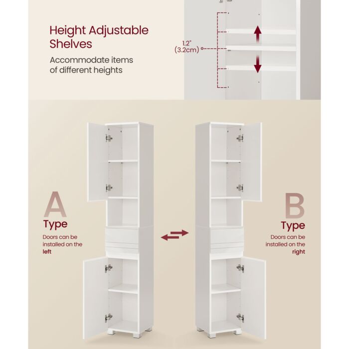 Armoire de salle de bain VASAGLE, armoire haute avec tiroir et étagères réglables