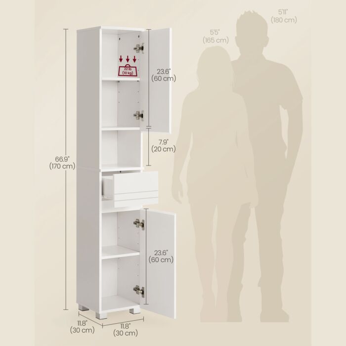 Armoire de salle de bain VASAGLE, armoire haute avec tiroir et étagères réglables