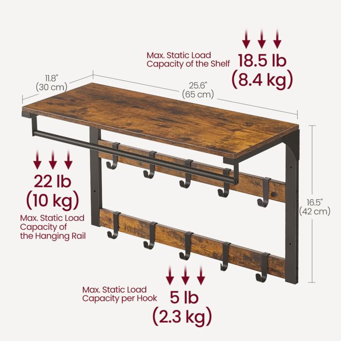 VASAGLE Wandgarderobe mit Ablage, Kleiderstange und 10 Haken