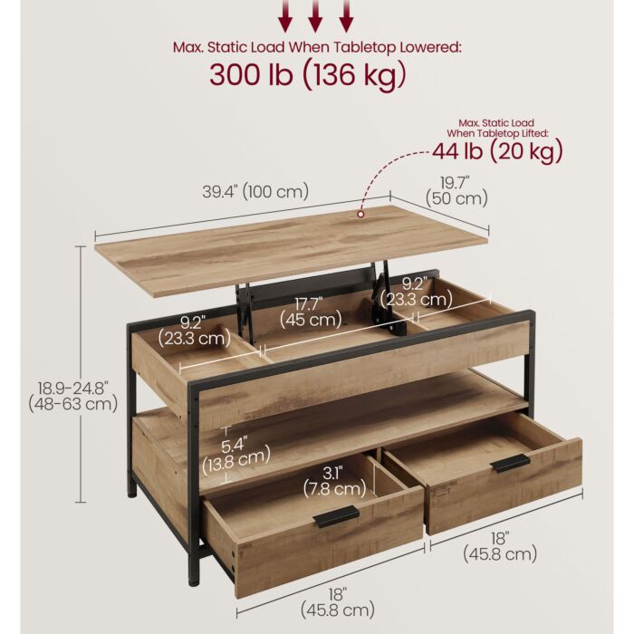 Table basse VASAGLE à hauteur réglable avec 2 tiroirs