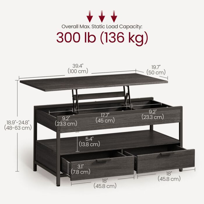 Table basse VASAGLE à hauteur réglable avec 2 tiroirs