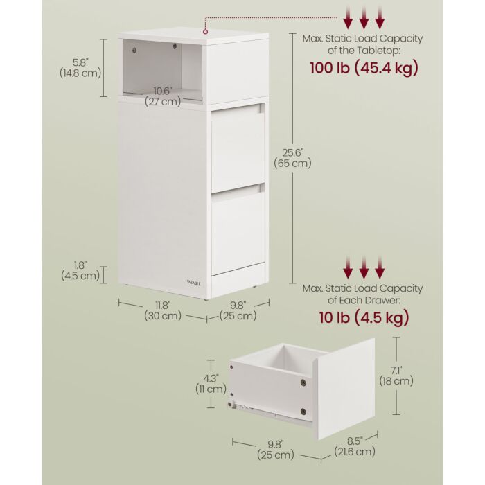 Table de chevet VASAGLE avec compartiment latéral, 2 tiroirs