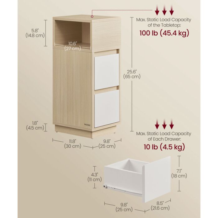 Table de chevet VASAGLE avec compartiment latéral, 2 tiroirs