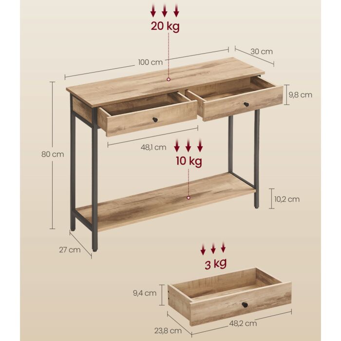 VASAGLE Konsoletisch, mit 2 Schubladen und Ablagefach
