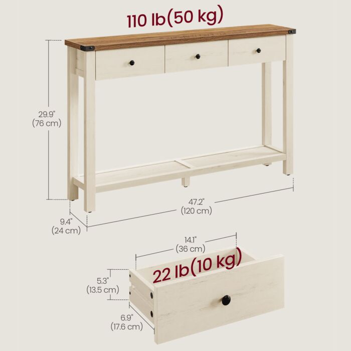 Table console VASAGLE «Rustic», avec 3 tiroirs et une étagère