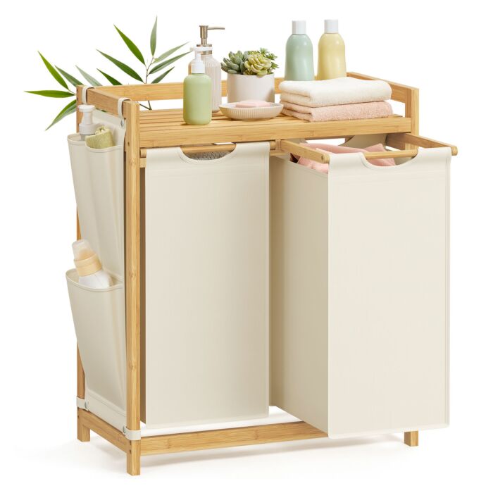 Panier à linge SONGMICS en bambou, double compartiment avec tablette et poches latérales, 100 l