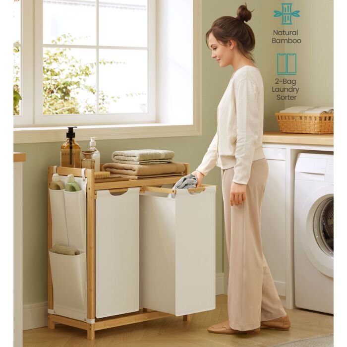 Panier à linge SONGMICS en bambou, double compartiment avec tablette et poches latérales, 100 l