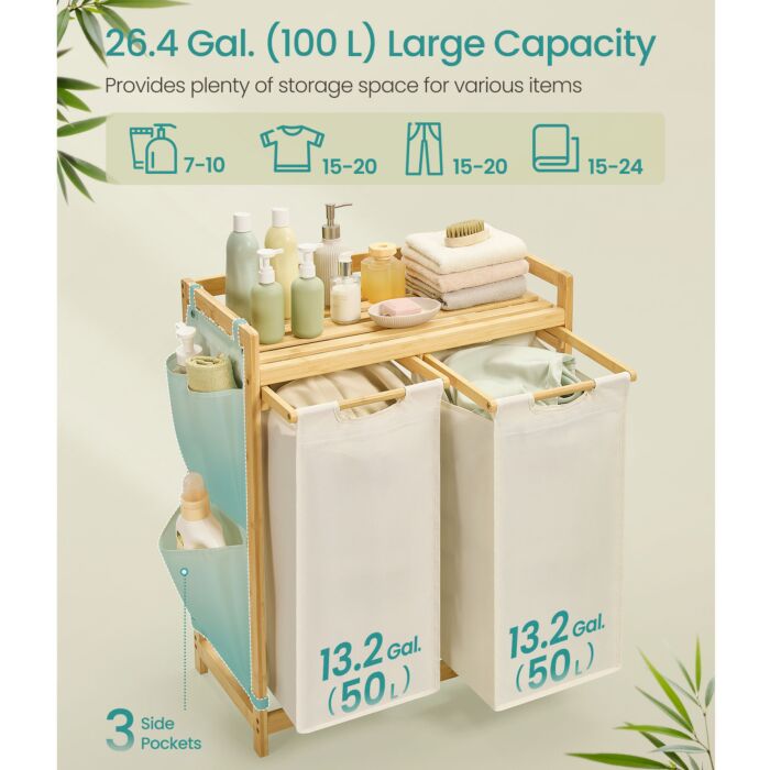 Panier à linge SONGMICS en bambou, double compartiment avec tablette et poches latérales, 100 l