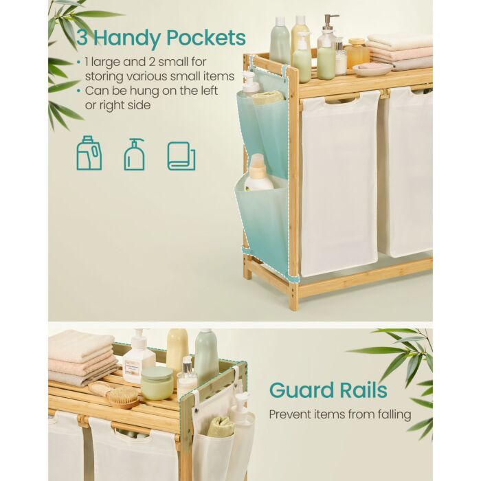 Panier à linge SONGMICS en bambou, double compartiment avec tablette et poches latérales, 100 l