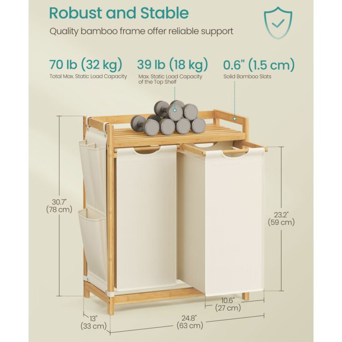 Panier à linge SONGMICS en bambou, double compartiment avec tablette et poches latérales, 100 l
