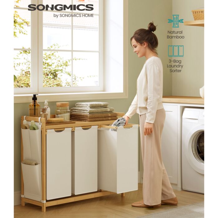 SONGMICS Bambus Wäschesammler «Laundry Sorter», 3 Wäschesäcke, 150 l