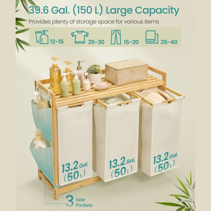 SONGMICS Bambus Wäschesammler «Laundry Sorter», 3 Wäschesäcke, 150 l