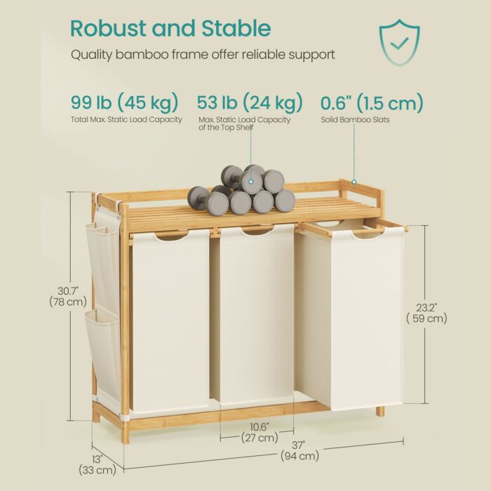 SONGMICS Bambus Wäschesammler «Laundry Sorter», 3 Wäschesäcke, 150 l