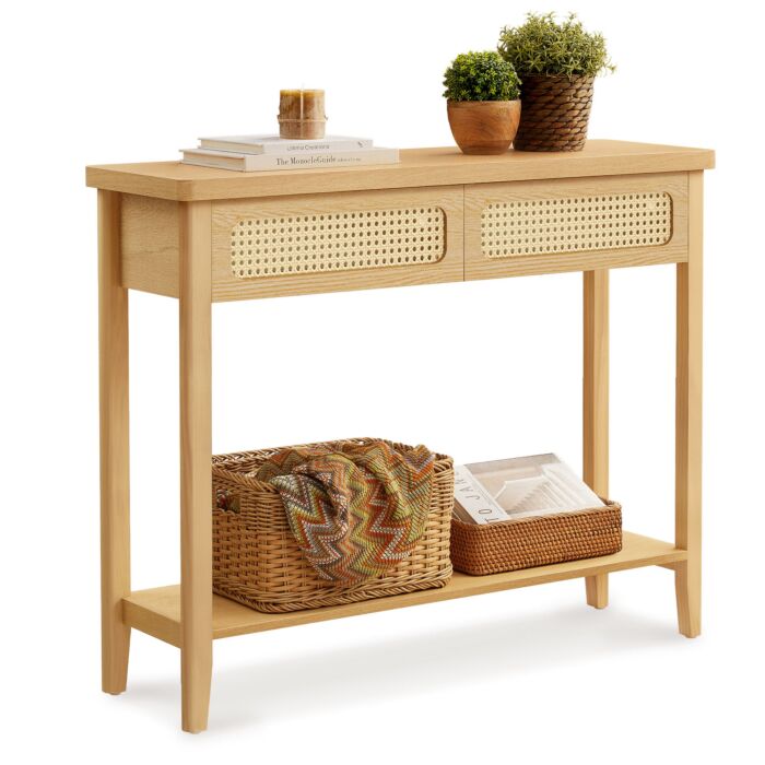 Table console VASAGLE, 2 tiroirs en rotin tressé, étagère