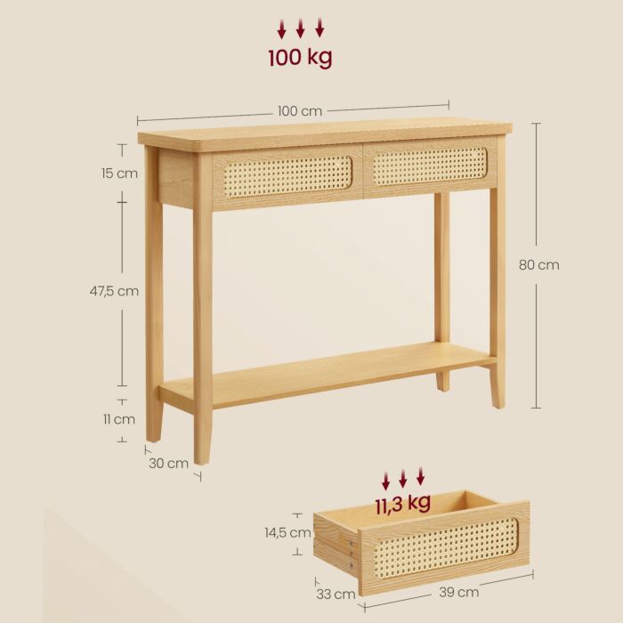 Table console VASAGLE, 2 tiroirs en rotin tressé, étagère