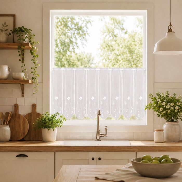 Bistrovorhang «Carla», halbtransparent mit Blumenstickerei, 145x50 cm