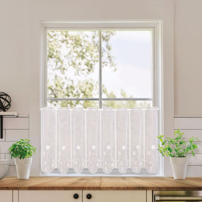 Bistrovorhang «Carla», halbtransparent mit Blumenstickerei, 145x50 cm