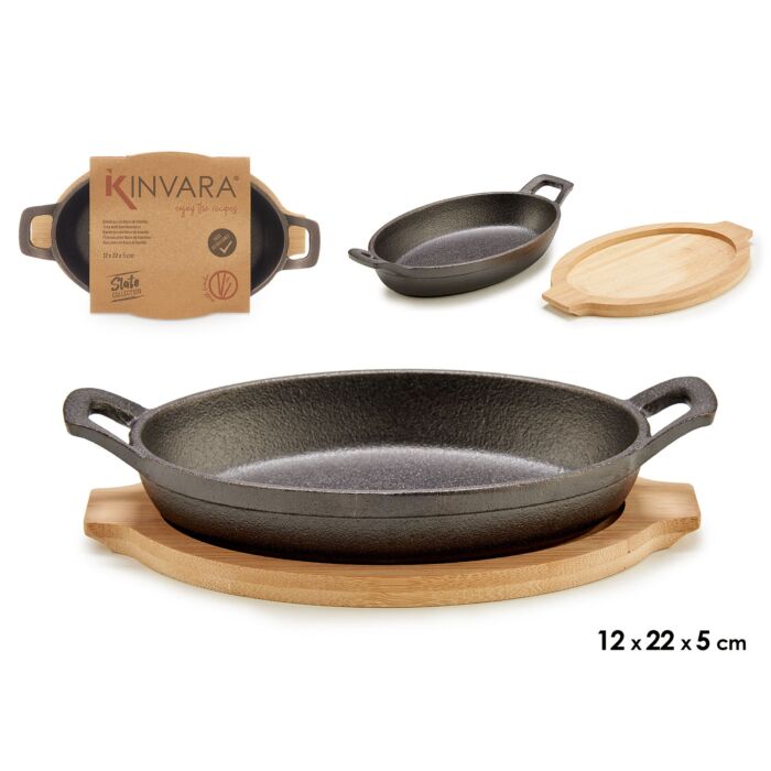 Petite poêle de cuisson ovale en fonte avec support en bambou