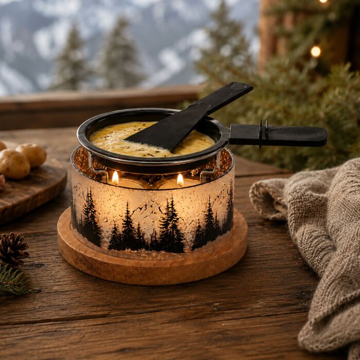 Raclette à la bougie «Glow Wald», motif forêt avec accessoires