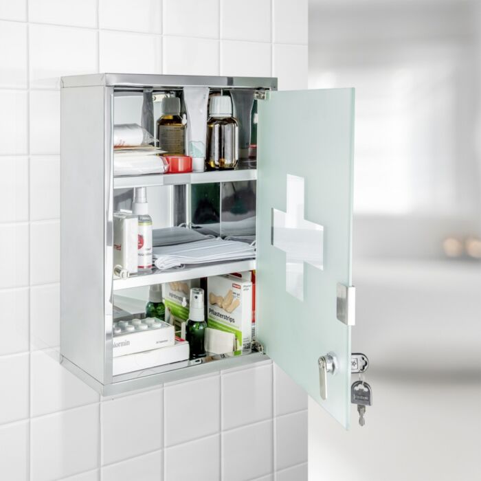 Medikamentenschrank aus Edelstahl, abschliessbar, 3 Ablageflächen