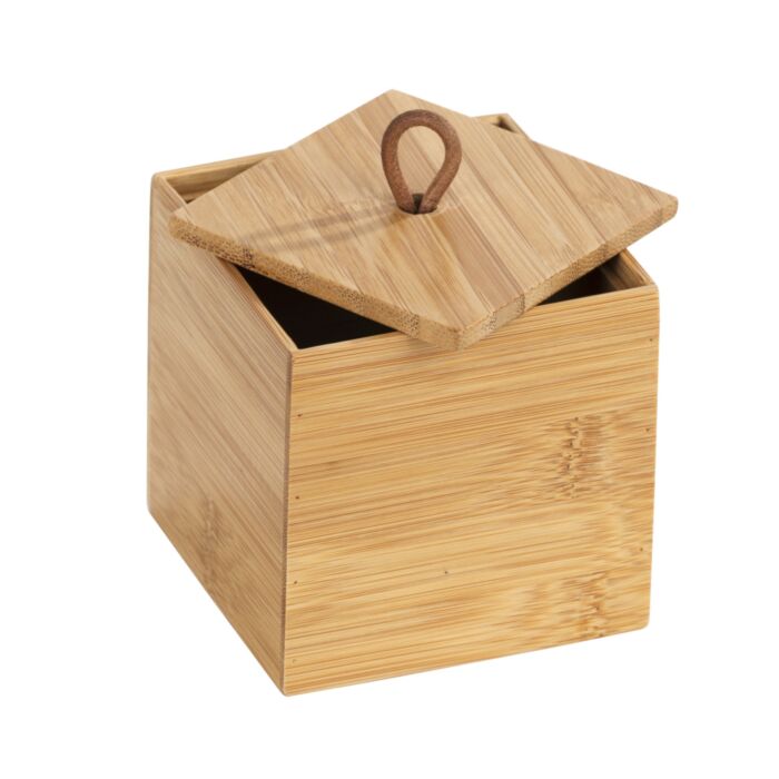 Aufbewahrungsbox «Terra» aus Bambus, mit Deckel und Griffschlaufe, 9x9x9 cm