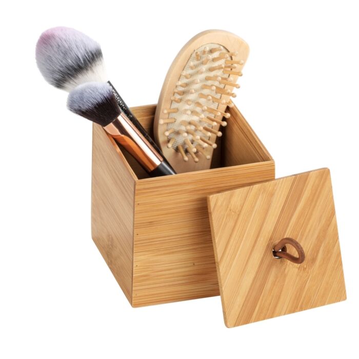 Aufbewahrungsbox «Terra» aus Bambus, mit Deckel und Griffschlaufe, 9x9x9 cm