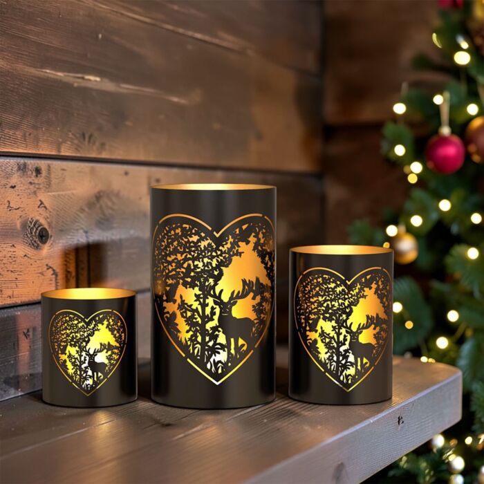 Windlichter Forest, 3er-Set, schwarz/gold