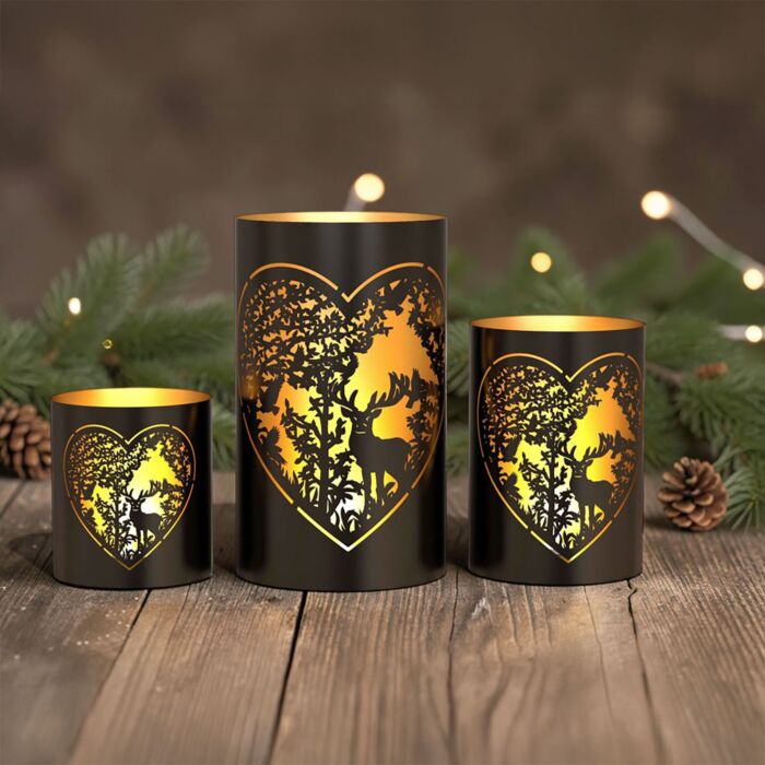 Windlichter Forest, 3er-Set, schwarz/gold