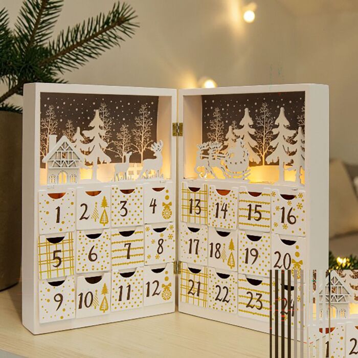 LED-Adventskalender aus Holz, 24 Kästchen, individuell befüllbar