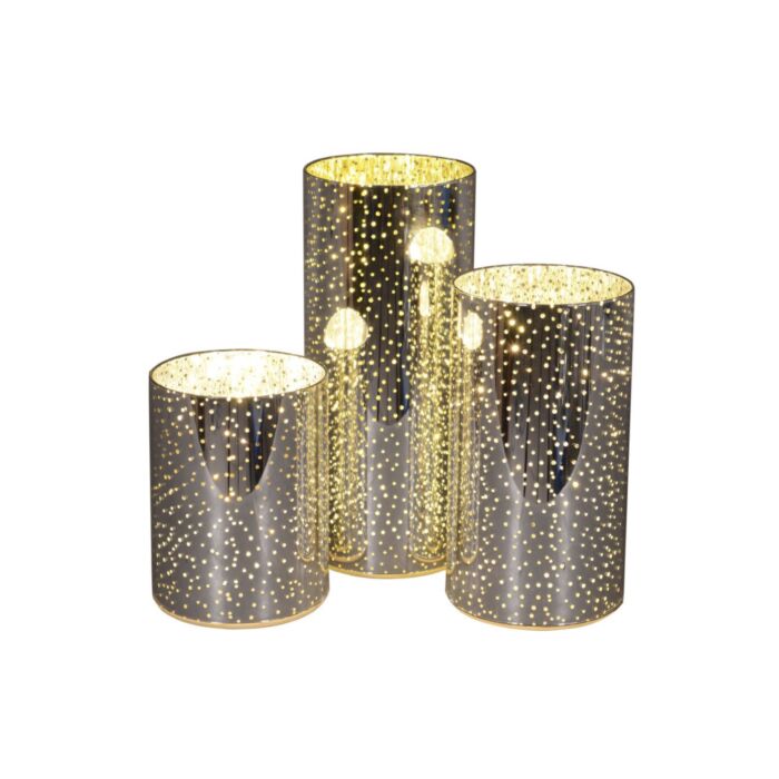 LED-Windlichter aus Glas, 3er-Set mit Timer, silberfarben