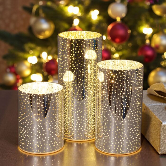LED-Windlichter aus Glas, 3er-Set mit Timer, silberfarben
