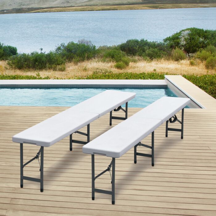 Set de 2 bancs pliants en synthétique, résistants aux intempéries et transportables