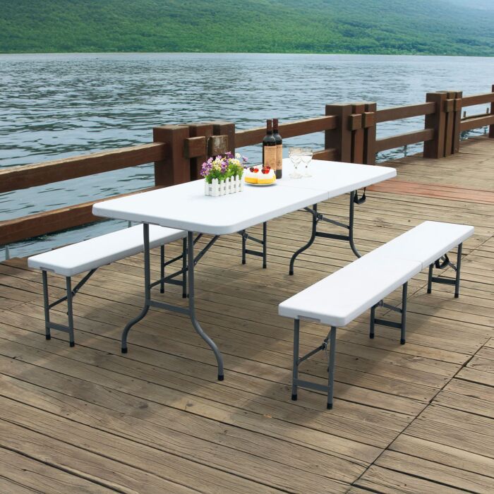 Set de 2 bancs pliants en synthétique, résistants aux intempéries et transportables