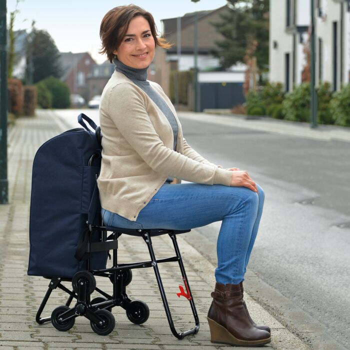 Chariot à commissions avec siège, fonction sac à dos & monte-escaliers