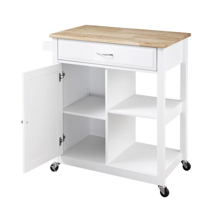 Chariot de cuisine Sina, avec plateau en bois d'hévéa et compartiment avec porte